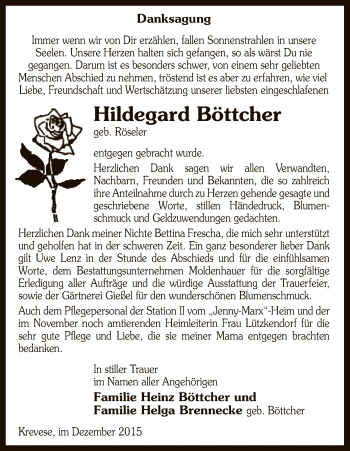 Traueranzeige von Hildegard Böttcher von Uelzen