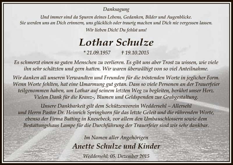  Traueranzeige für Lothar Schulze vom 05.12.2015 aus Uelzen