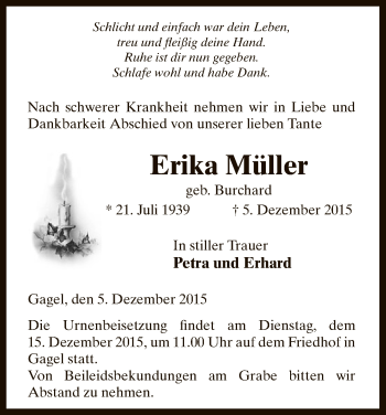 Traueranzeige von Erika Müller von Uelzen