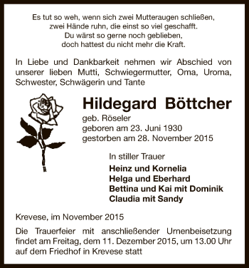 Traueranzeige von Hildegard Böttcher von Uelzen