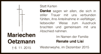 Traueranzeige von Mariechen Oetzmann von Uelzen