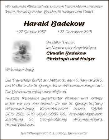 Traueranzeige von Harald Badekow von Uelzen