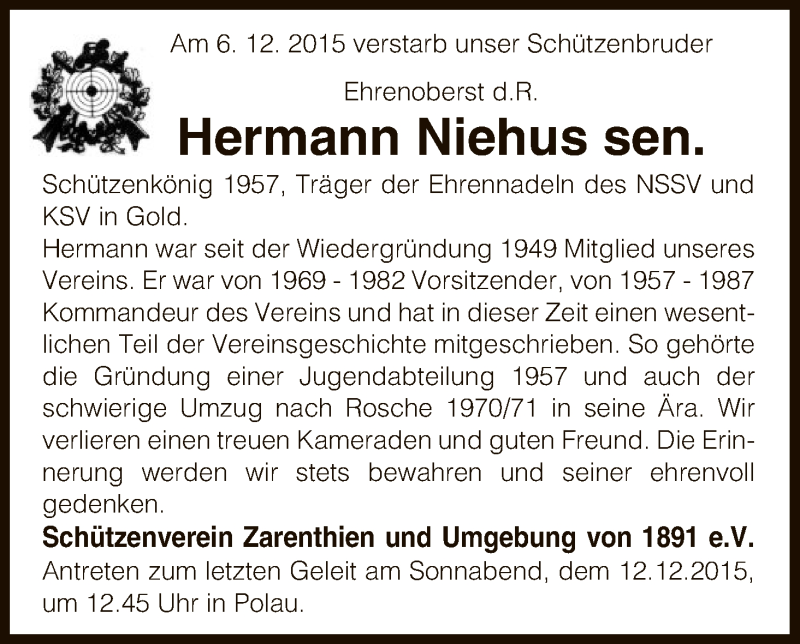  Traueranzeige für Hermann Niehus vom 09.12.2015 aus Uelzen