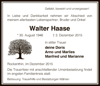 Traueranzeige von Walter Haase von Uelzen