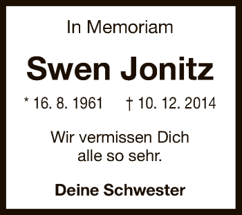 Traueranzeige von Swen Jonitz von Uelzen