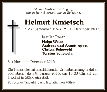 Traueranzeige von Helmut Kmietsch von Uelzen