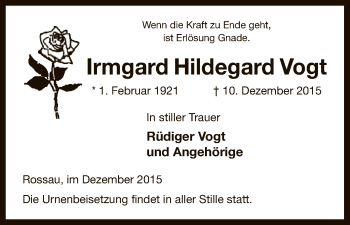 Traueranzeige von Irmgard Hildegard Vogt von Uelzen