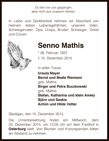 Traueranzeige von Senno Mathis von Uelzen