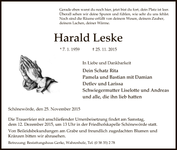 Traueranzeige von Harald Leske von Uelzen