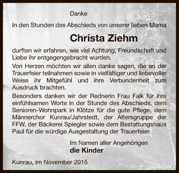 Traueranzeige von Christa Ziehm von Uelzen