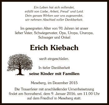 Traueranzeige von Erich Kiebach von Uelzen