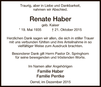 Traueranzeige von Renate Haber von Uelzen