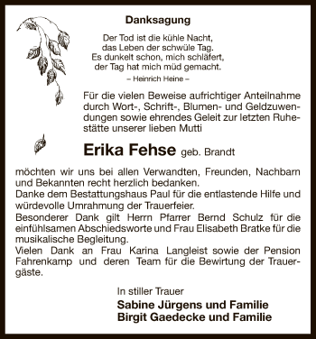 Traueranzeige von Erika Fehse von Uelzen