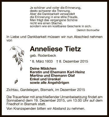 Traueranzeige von Anneliese Tietz von Uelzen