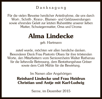 Traueranzeige von Alma Lindecke von Uelzen