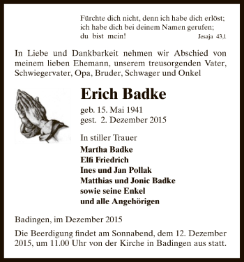 Traueranzeige von Erich Badke von Uelzen