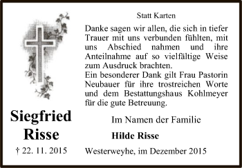 Traueranzeige von Siegfried Risse von Uelzen