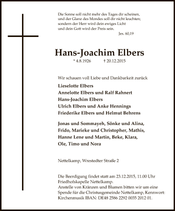 Traueranzeige von Hans-Joachim Elbers von Uelzen