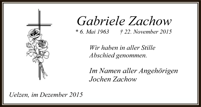  Traueranzeige für Gabriele Zachow vom 05.12.2015 aus Uelzen