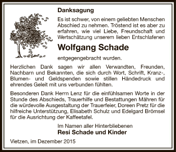 Traueranzeige von Wolfgang Schade von Uelzen