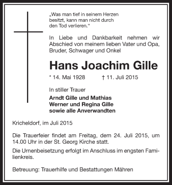 Traueranzeige von Hans Joachim Gille von Uelzen