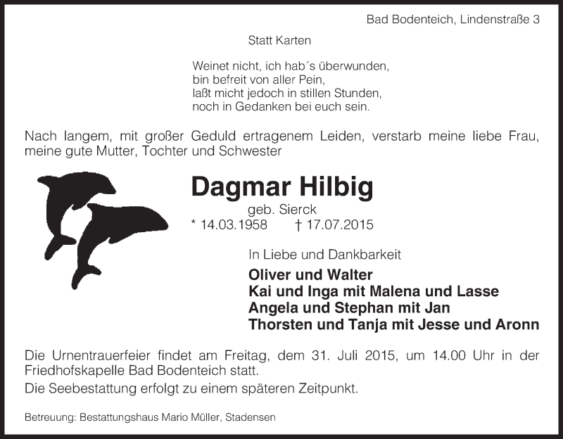  Traueranzeige für Dagmar Hilbig vom 23.07.2015 aus Uelzen