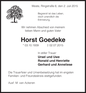 Traueranzeige von Horst Goedeke von Uelzen
