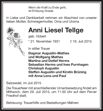 Traueranzeige von Anni Liesel Liesel von Uelzen