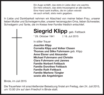 Traueranzeige von Siegrid Klipp von Uelzen