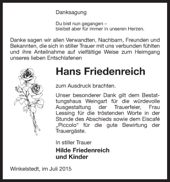 Traueranzeige von Hans Friedenreich von Uelzen