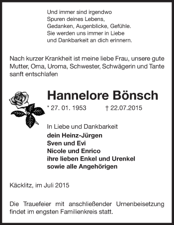 Traueranzeige von Hannelore Bönsch von Uelzen