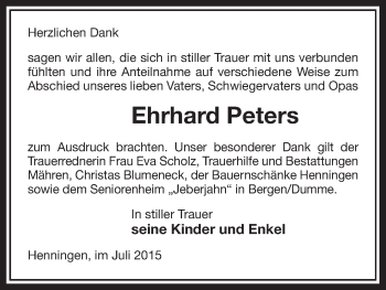 Traueranzeige von Ehrhard Peters von Uelzen