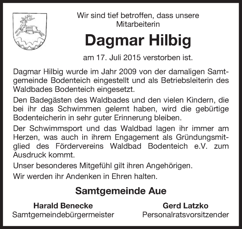  Traueranzeige für Dagmar Hilbig vom 25.07.2015 aus Uelzen
