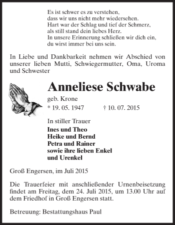 Traueranzeige von Anneliese Schwabe von Uelzen