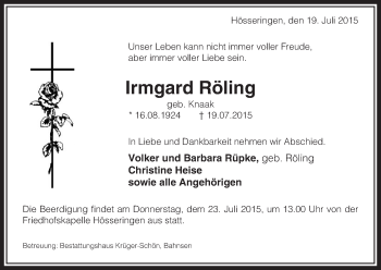 Traueranzeige von Irmgard Röling von Uelzen