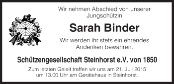 Traueranzeige von Sarah Binder von Uelzen