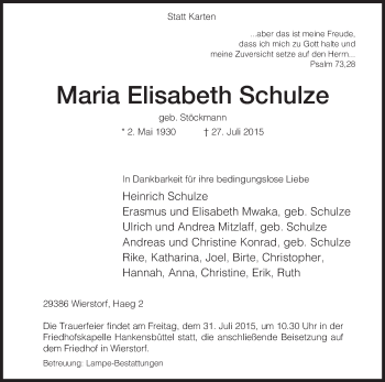 Traueranzeige von Maria Elisabeth Schulze von Uelzen