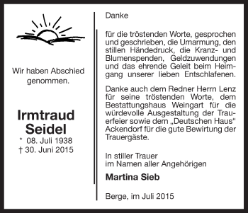 Traueranzeige von Irmtraud Seidel von Uelzen