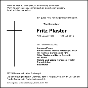 Traueranzeige von Fritz Plaster von Uelzen