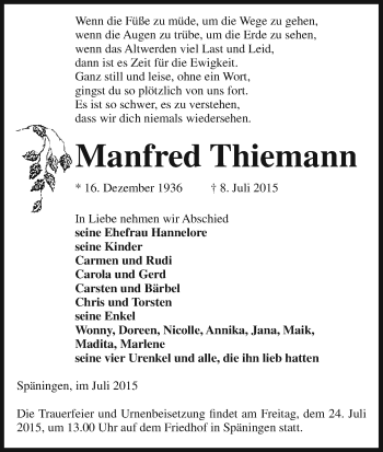 Traueranzeige von Manfred Thiemann von Uelzen