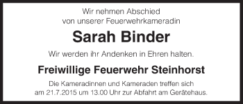 Traueranzeige von Sarah Binder von Uelzen