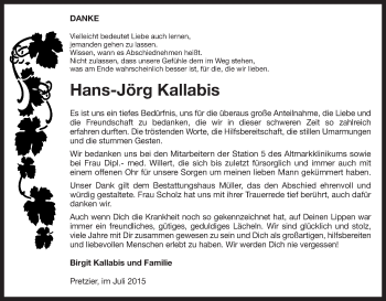 Traueranzeige von Hans-Jörg Kallabis von Uelzen