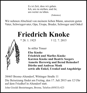 Traueranzeige von Friedrich Knoke von Uelzen