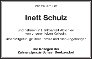 Traueranzeige von Inett Schulz von Uelzen