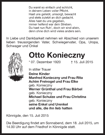 Traueranzeige von Otto Konieczny von Uelzen