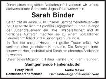 Traueranzeige von Sarah Binder von Uelzen