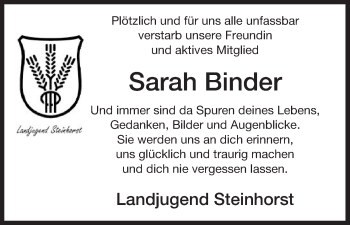 Traueranzeige von Sarah Binder von Uelzen