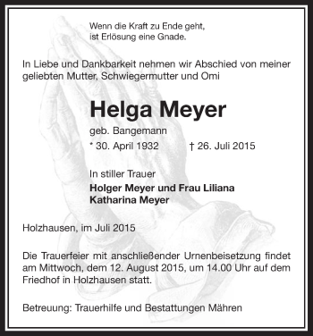 Traueranzeige von Helga Meyer von Uelzen