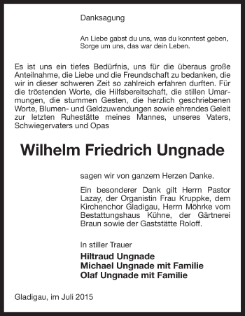 Traueranzeige von Wilhelm Friedrich Ungnade von Uelzen