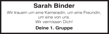 Traueranzeige von Sarah Binder von Uelzen